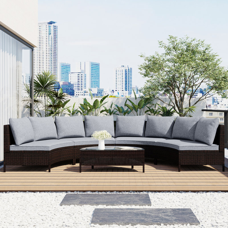 5 Pieces All-Weather Brown PE Rattan Wicker Sofa Set Outdoor Patio Sectional Furniture Set Half-Moon Sofa Set With Tempered Glass Table