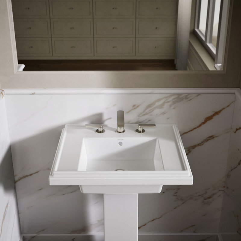 Tresham Fireclay Pedestal Bathroom Sink, White, 8" Centers, 34.625" H x 19.5" W x 24" L