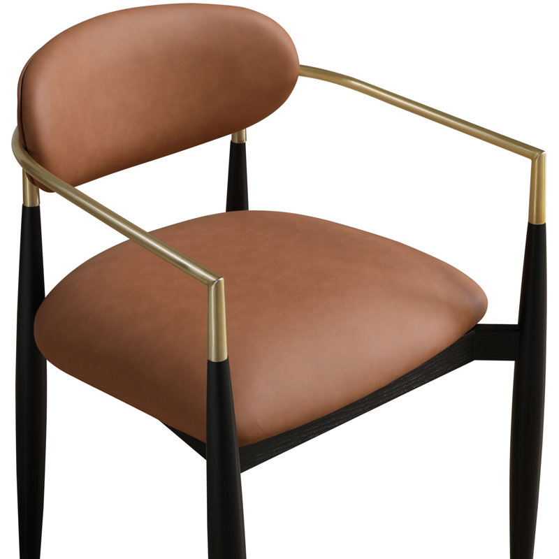 Eligah Vegan Leather Upholstered Dining Arm Chair, Stained Black / Brushed Brass, Cognac Vegan Leather