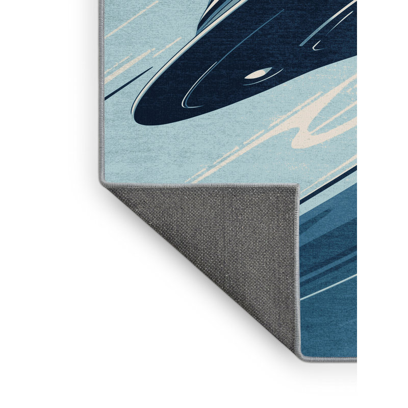 Tapis bleu doux et moelleux à motif soucoupe volante Eddy Alien, 2 pi x 3 pi