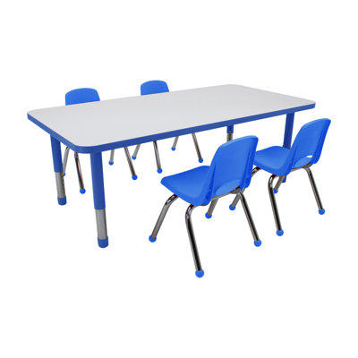 30" x 60" Rectangle Dry-Erase Activity Table with Chunky Legs and 12" Stack Chairs with Ball Glides, 5-Piece Set - Whiteboard/Blue