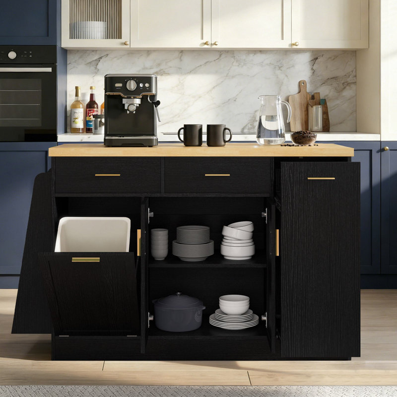Îlot de cuisine avec rangement pour poubelle 48,8 po Madison, Noir et or