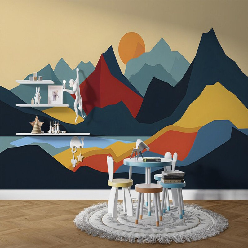 Murale géométrique paysage de montagne coloré, L 96 po x l 108 po