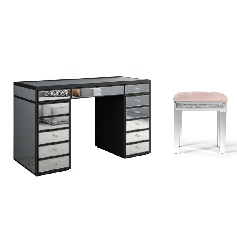 130Cm Glass Top Vanity Table With Crushed Diamond Mirrored Stool Set