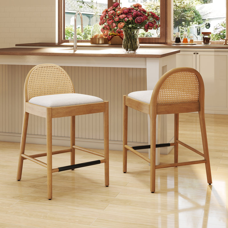 Emington Modern Stools with Rattan Backrests and Wood Frame, Beige/Nature, Counter Stool (26” Seat Height)
