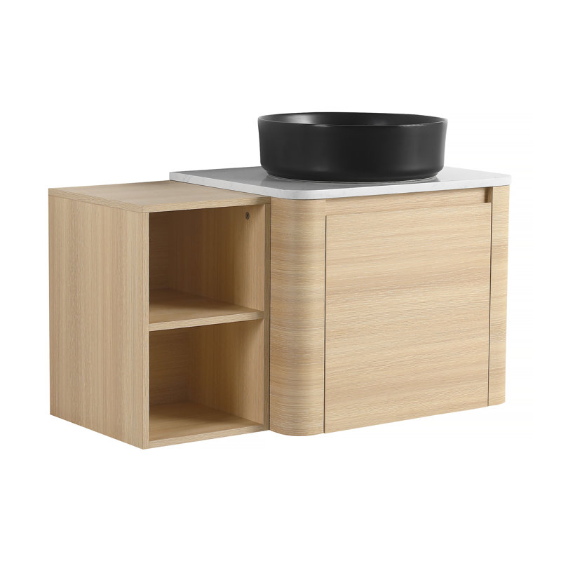 Meuble-lavabo mural 36 po avec lavabo d'art en céramique, tablettes de rangement et porte à fermeture en douceur pour salles de bain modernes