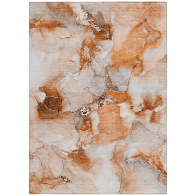 3' X 5' Orange and Ivory Abstract Washable Non Skid Indoor Outdoor Area Rug