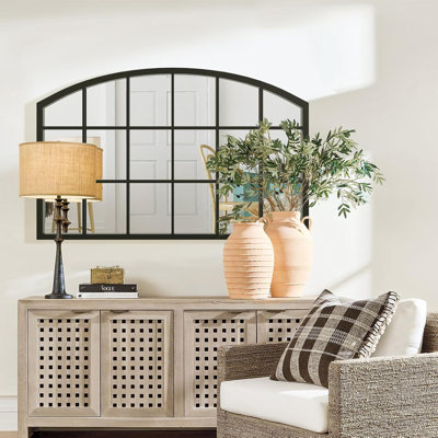 44" x 28" Black Arched Windowpane Wall Mirror - Farmhouse Accent Mirror with Metal Frame for Entryway, Living Room, Bathroom & Bedroom