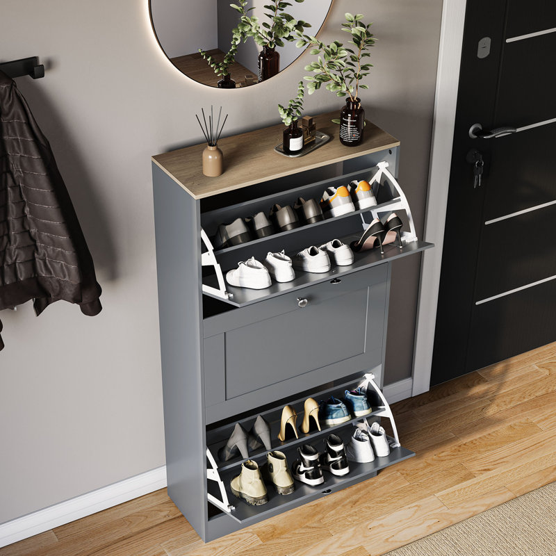 3 Drawer Shoe Cabinet with Oak Top Modern Shoe Storage For Hallway Living Room & Bedroom, Grey/Oak