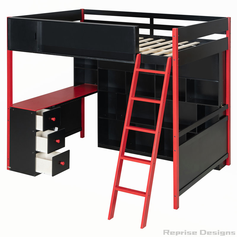 Lit mezzanine double avec bureau intégré et rangement, parfait pour les joueurs modernes et peu encombrant, Double, Rouge