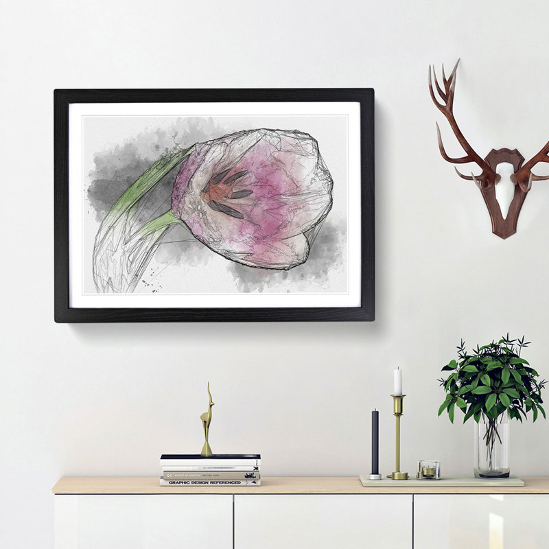 Pink Tulip Sketch - Picture Frame Graphic Art Print, 62cm H x 87cm W x 2cm D, Black Framed