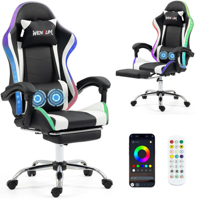 LED Lights Gaming Chair with Massage Lumbar Pillow, RGB Computer Gaming Chair with Footrest , 90°-135° Reclining Gamer Chair & Height Adjustable Ergonomic Video Game Chairs for Home Office Game Room, White