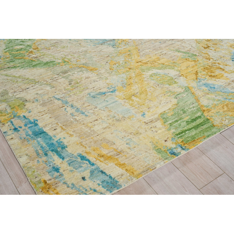 Moderno hand-knotted New Zealand Wool Yellow/Green/Blue Area Rug, 10'X14'
