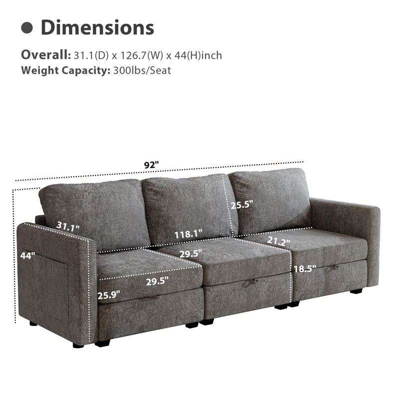 Canapé modulaire en chenille de 92 po de largeur à 3 places pour petits espaces, Gris