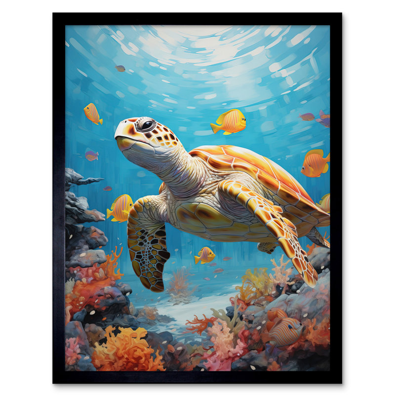 Loggerhead Sea Turtle In Coral Reef Bright Detailed - Single Picture Frame Print