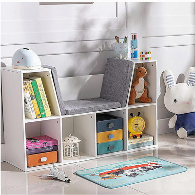 Bibliothèque à 6 niveaux avec coin lecture et coussin, rangement polyvalent, blanc pur pour la chambre à coucher et le salon