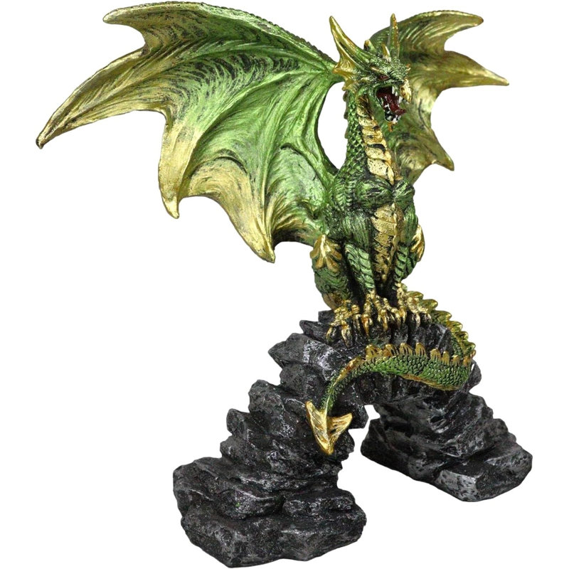 Figurine verte et dorée en forme de dragon de Behemoth perché sur un rocher antique