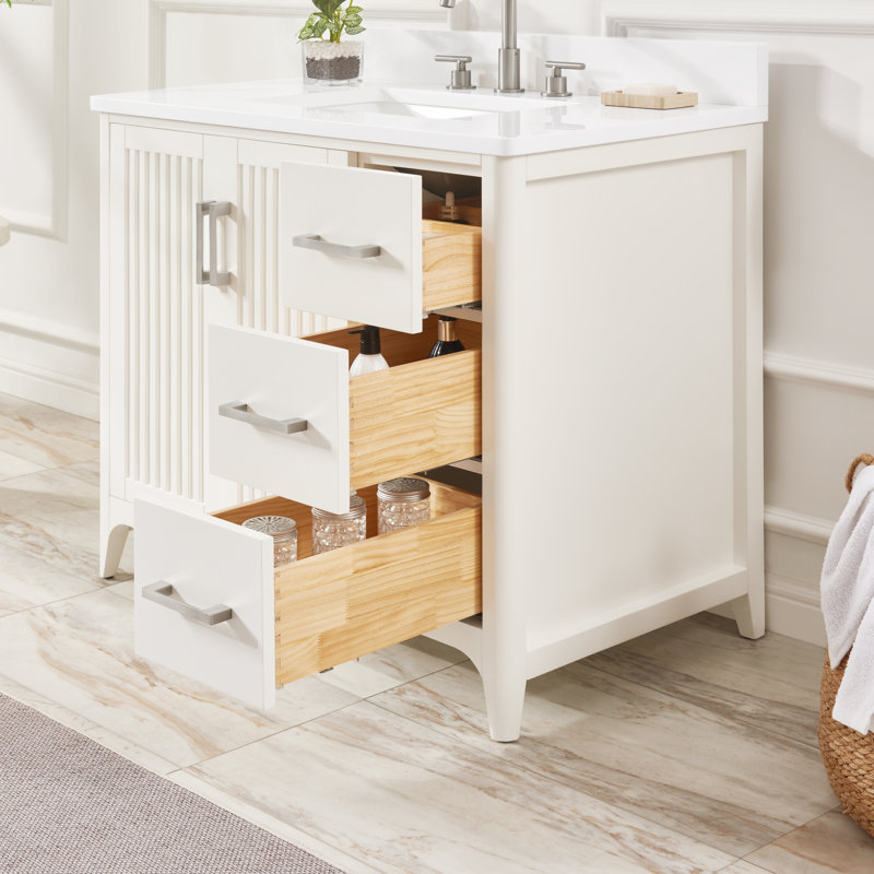 Meuble-lavabo en bois massif 36 po avec rangement de chargement USB, Blanc