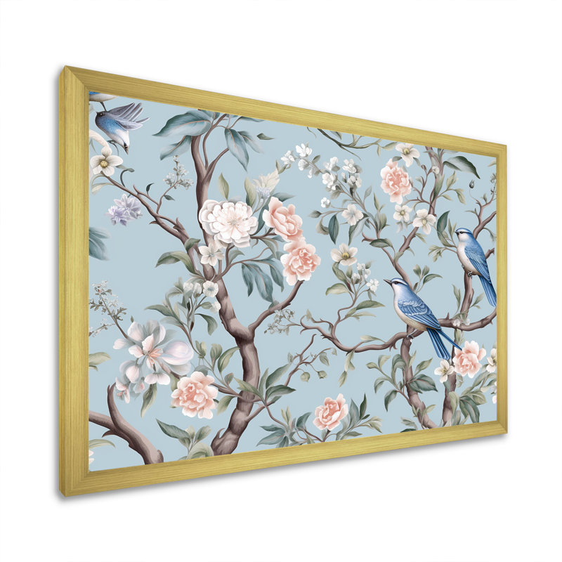 Chinoiserie, oiseaux et pivoines - art mural oiseau, Cadre doré simple, H 34 po x l 44 po x P 1,5 po
