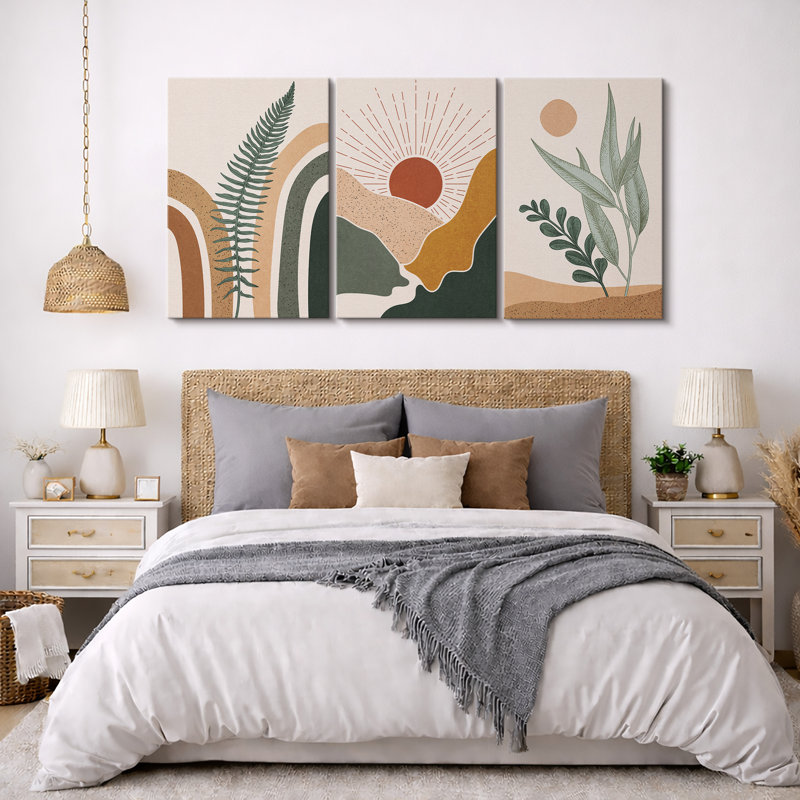 «Mid Century Modern Boho Sun Forest Plant», ensemble de 3 impressions sur toile, H 36 po x l 72 po , Toile tendue