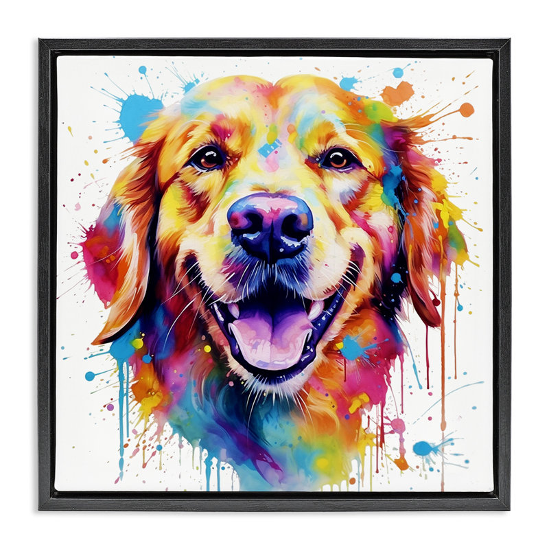 Happy Dog Paint Drip, H 18 po x l 18 po, Cadre flottant noir de jais