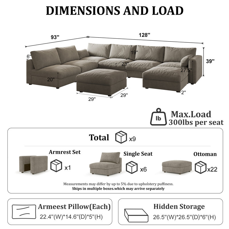 Canapé modulaire de 128 po avec rangement, Chenille gris pâle