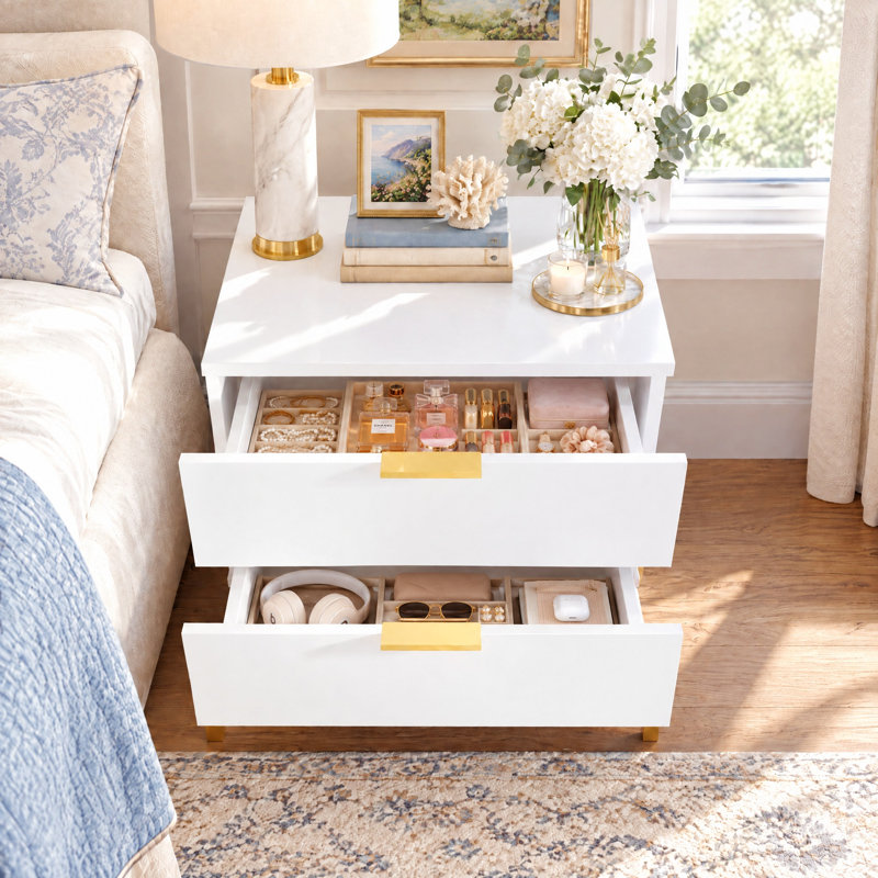 19.7" W Low-Profile 2-Drawer Nightstand with Gold-Tone Accents, White