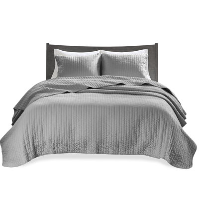3 Piece Quilt Grey King/ King - Microfiber, Cotton Fill, Reversible, Grease Proof
