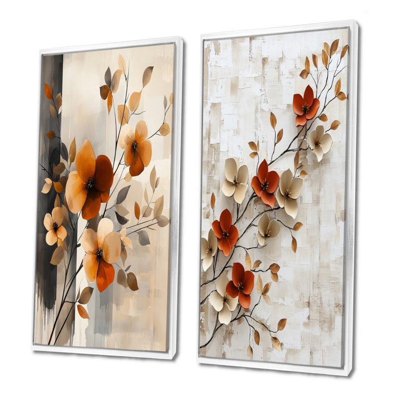Ensemble de 2 bouquets de fleurs de cerisier orange et gris I - art mural cerisier en fleurs, H 32 po x l 32 po, Blanc