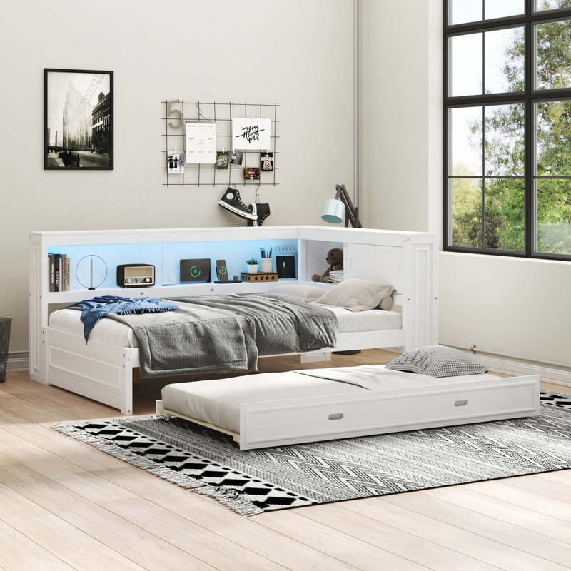 Lit de jour double avec tablettes de rangement et lit gigogne, lit de jour moderne, Blanc