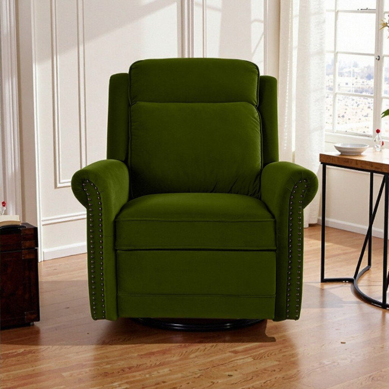 Manual Recliner Swivel Rocker Chair With 360° Rotation Adjustable Backrest 90°-150° And Velvet Upholstery, Green
