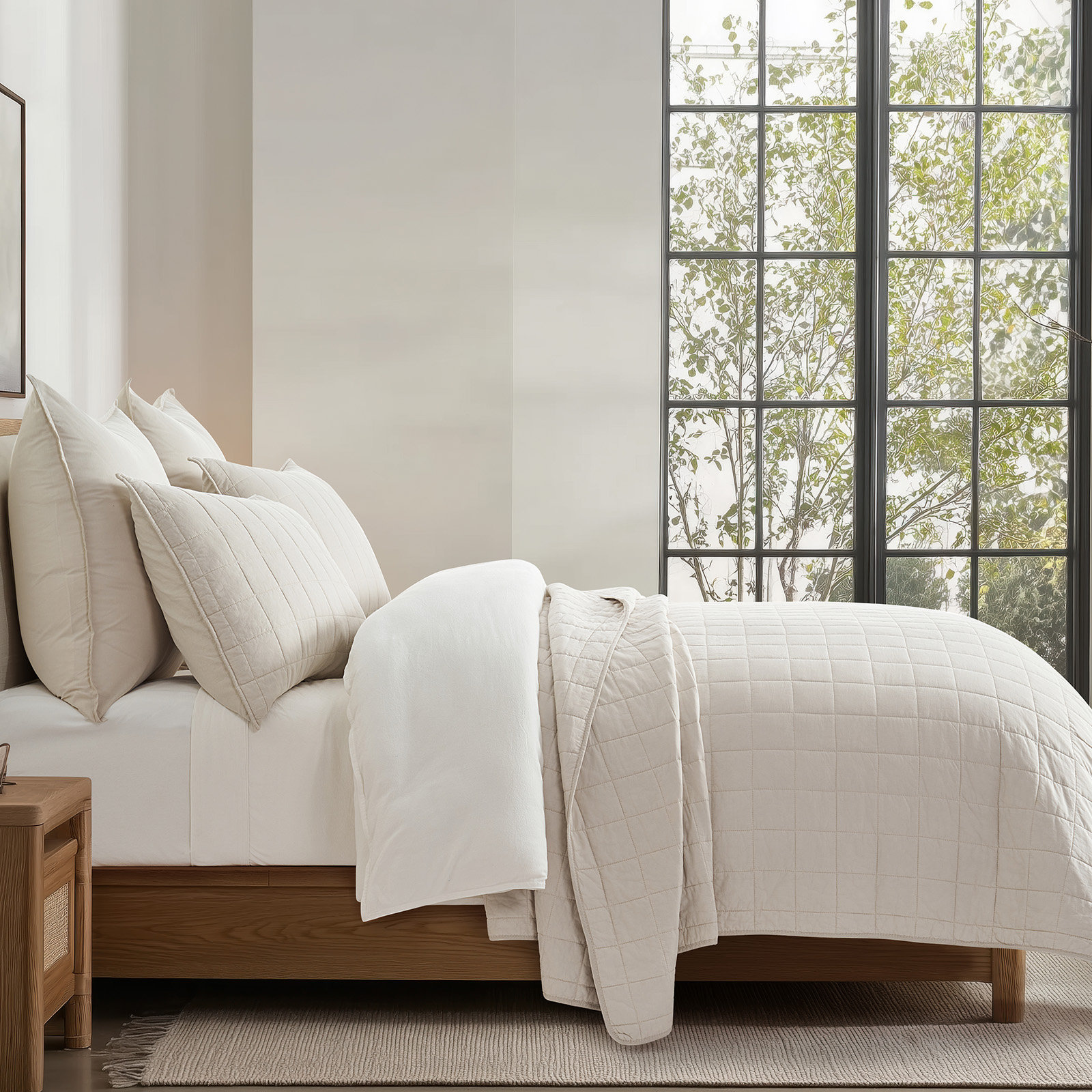 100% Cotton Box Stitch Quilt Set, Birch, California King Quilt + 2 King Shams