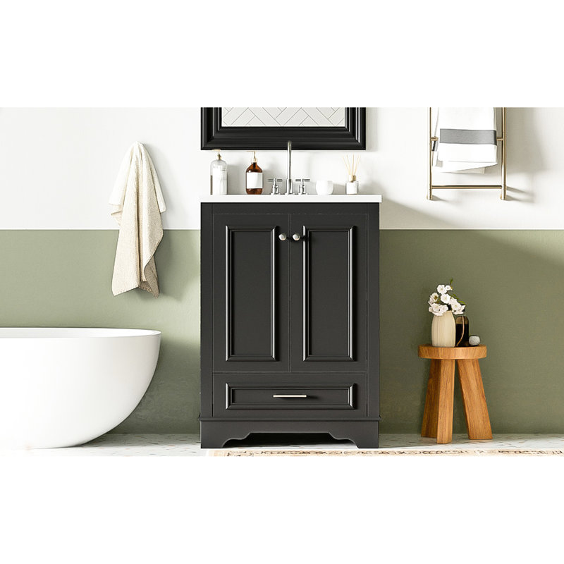 Meuble-lavabo noir 24 po - Conception d'armoire moderne, lavabo en céramique, charnière argentée, apparence de rangement généreuse, armoire, poignée, rangement fonctionnel, tablette réglable,
