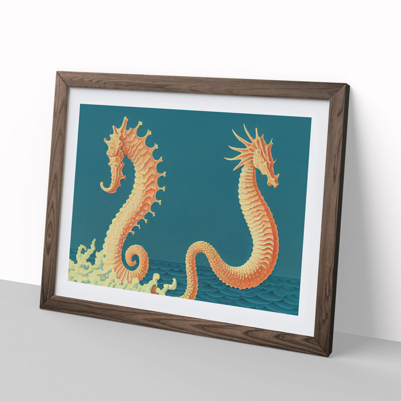 Two Seahorse - Single Picture Frame Print, Walnut Framed, 46cm H x 64cm W x 2cm D