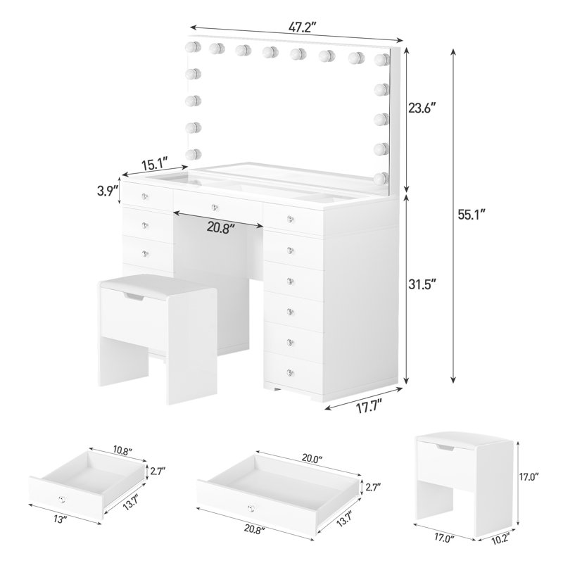 Meuble-lavabo moderne avec plateau en verre, miroir éclairé Hollywood et 13 tiroirs, bureau de coiffeuse blanc avec tabouret