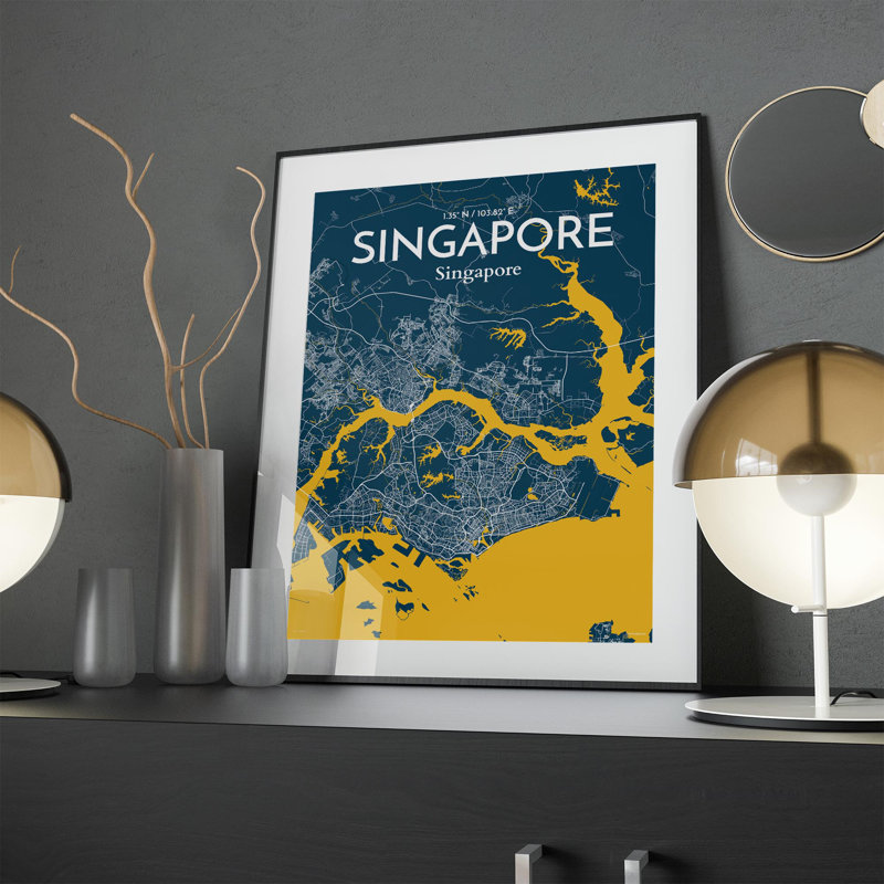 Carte de la ville de Singapour, impression, Bleu / jaune, H 24 po x l 18 po