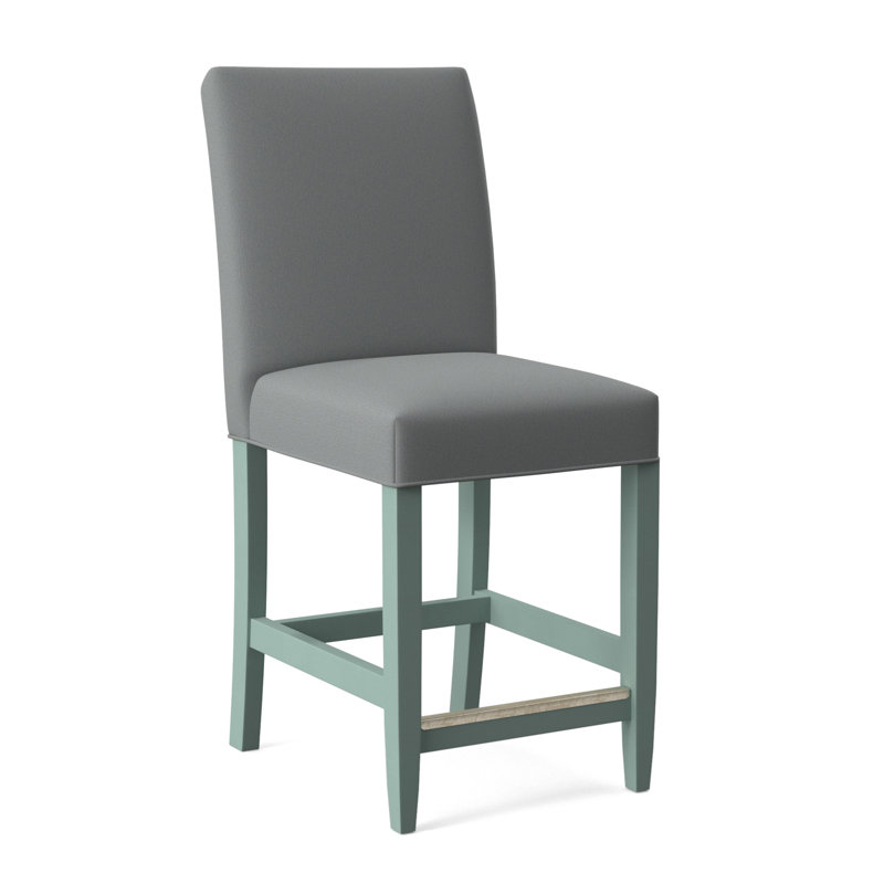 Manhattan Upholstered Stool with Solid Wood Frame, Light Blue Performance Fabric; 0851-55, Sea Glass Finish