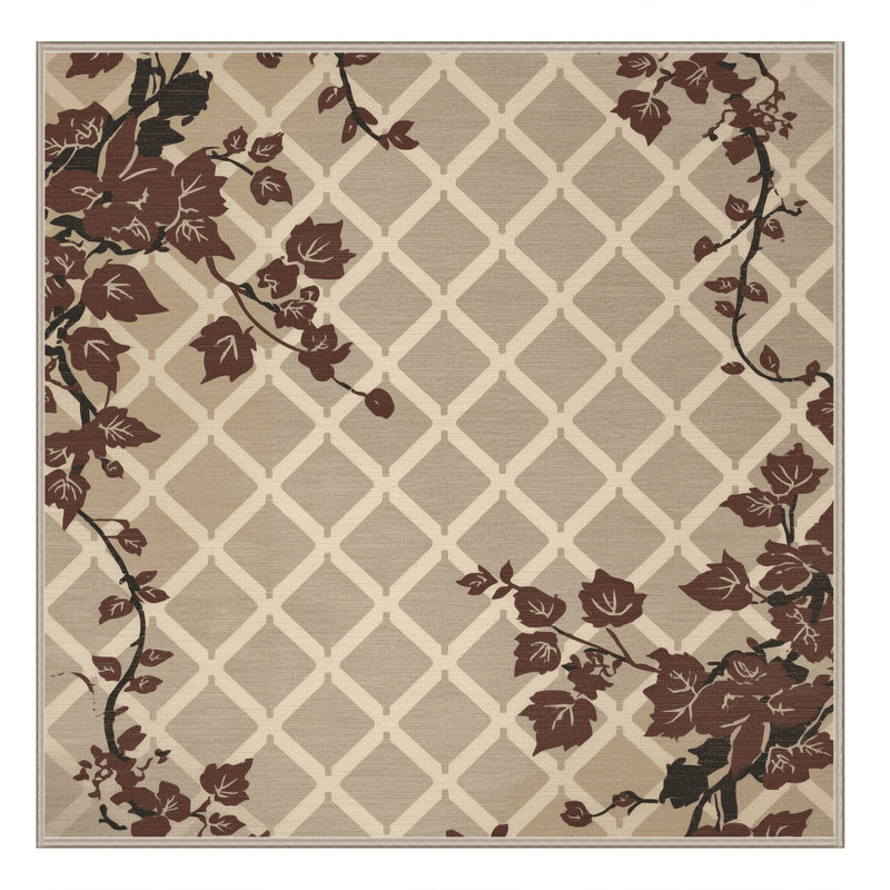 Machine Washable Ortmund Ivy Traditional Trellis Rug in Gray – Beige Binding, 8' Square