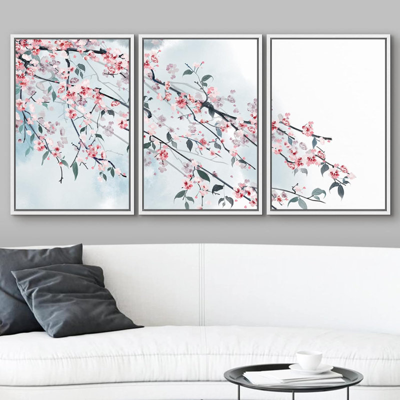 Peinture murale à l'encre de style cerisier rose sur une branche, H 24 po x l 48 po, Cadre flottant blanc
