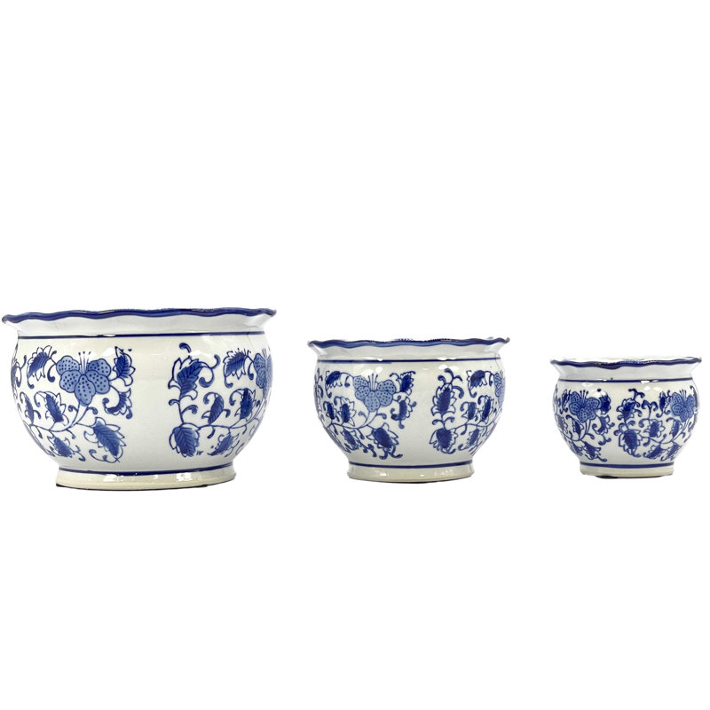 Set of 3 Blue and White Floral Ceramic Planter Pots