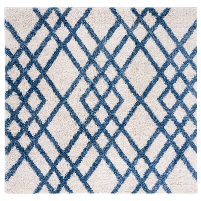 Rivka Geometric Ivory/Blue Area Rug, Square 6'7"