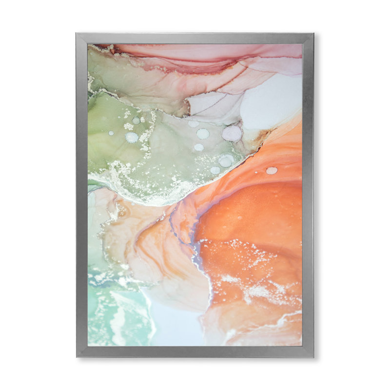 Art liquide, ondulations en vert et orange - reproduction d'art moderne sur toile, Cadre photo argenté