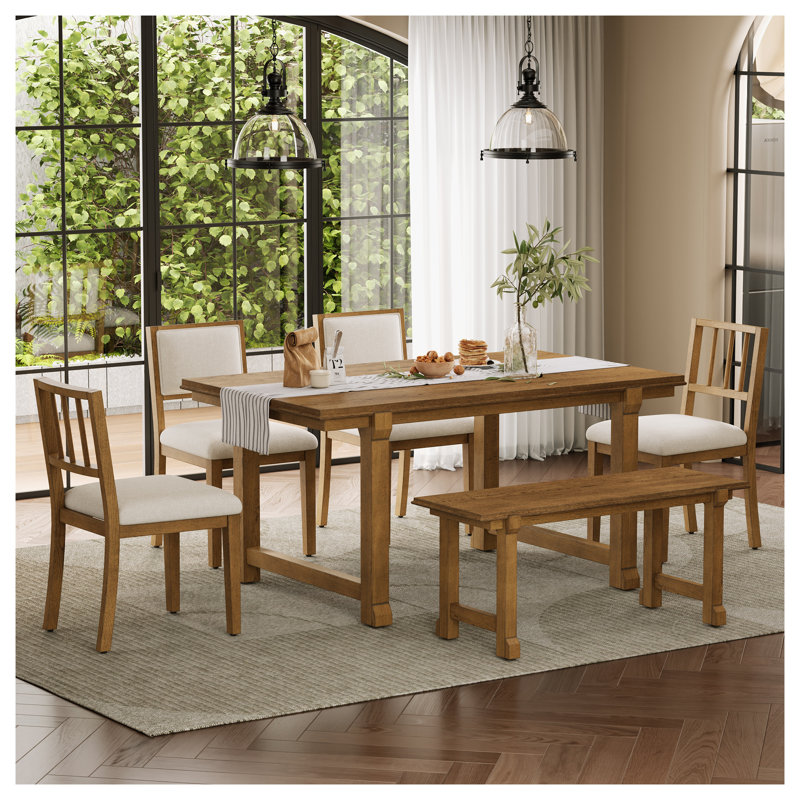Ensemble de salle à manger de ferme 6 pièces TREXM avec table, banc et chaises à dossier mixte, noyer et beige