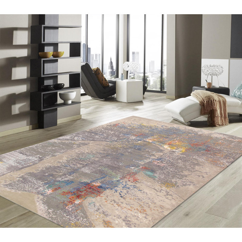 Hand Knotted Abstract Area Rug in Beige, Rectangle 9' x 12'