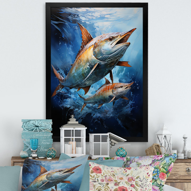 Alleffra pêche majestueux Marlins sautant II, Cadre photo noir, H 20 po x l 12 po x P 1 po