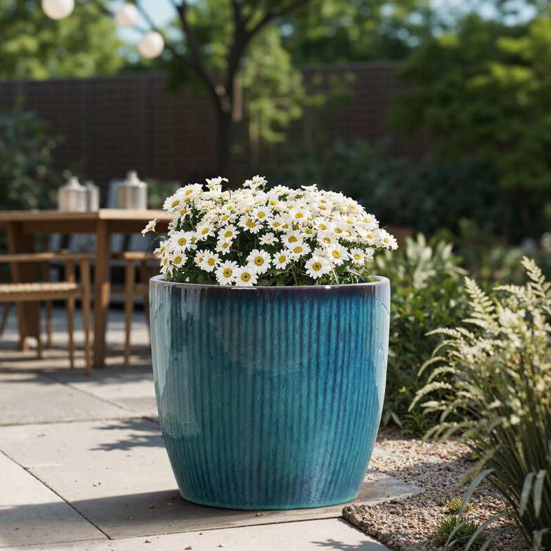 Grand pot à fleurs rond de 11,8 po de diamètre avec ligne verticale, pot de fleurs moderne en céramique bleue