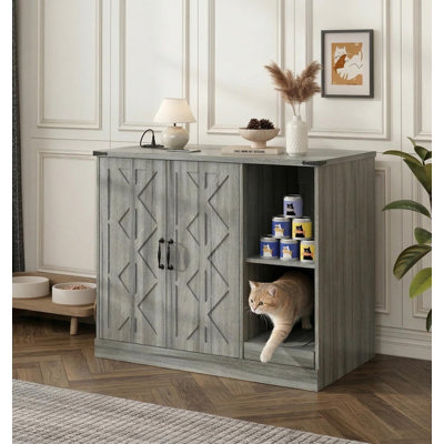 Armoire à litière pour chat avec prise de courant, meuble à litière moderne pour grandes boîtes à litière automatiques, bac à litière caché avec bac à litière, tablettes de rangement réglables, gris