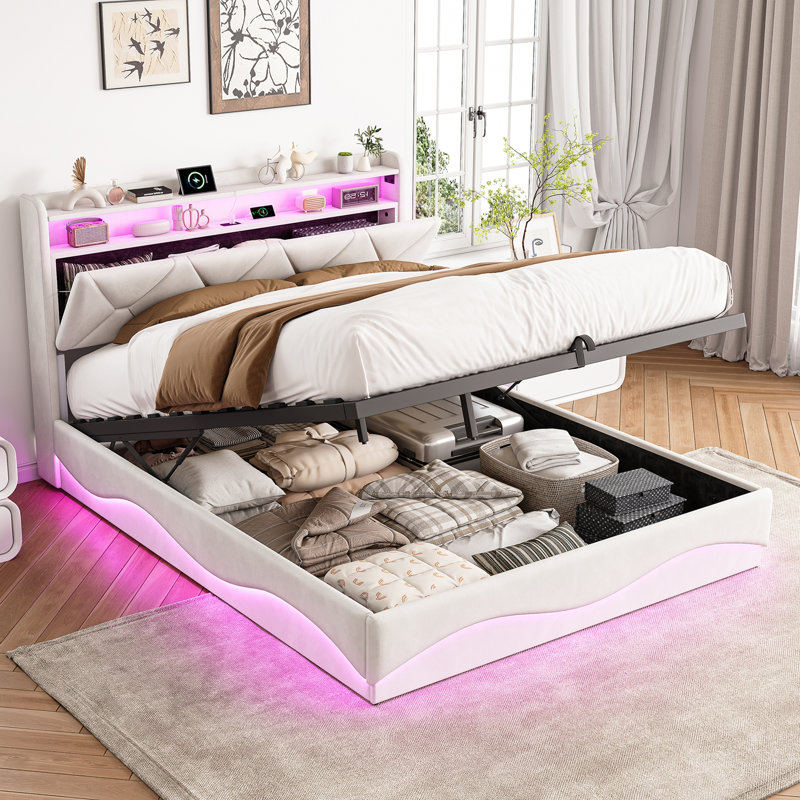 Ottoman Storage Bed, Beige, European Kingsize (160 x 200 cm)
