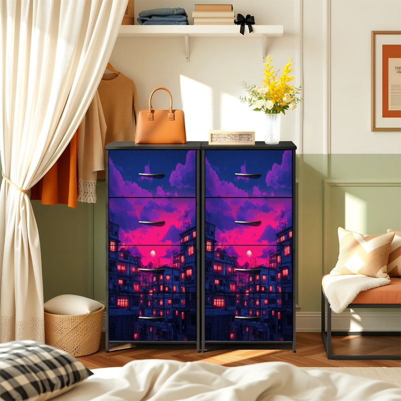 Commode futuriste pour la chambre à coucher avec 4 tiroirs de rangement Neon Sunset Urban Skyline Glow Dramatic