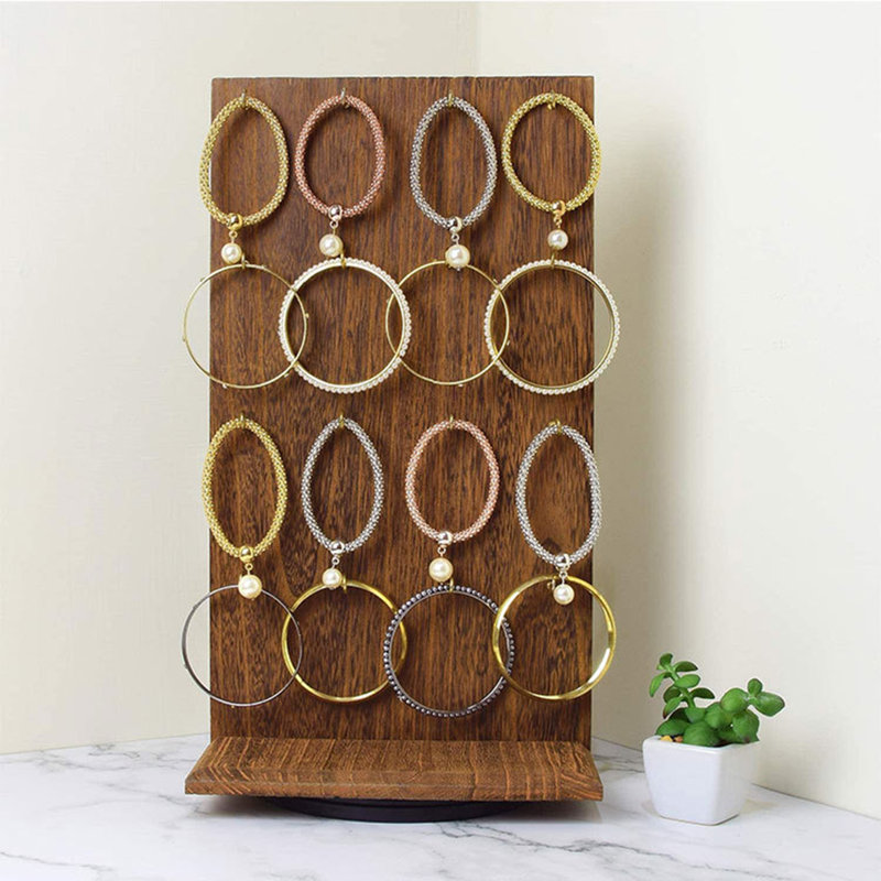 Présentoir à bijoux rotatif en bois à deux faces, organisateur rotatif avec 32 crochets pour le rangement, Brun